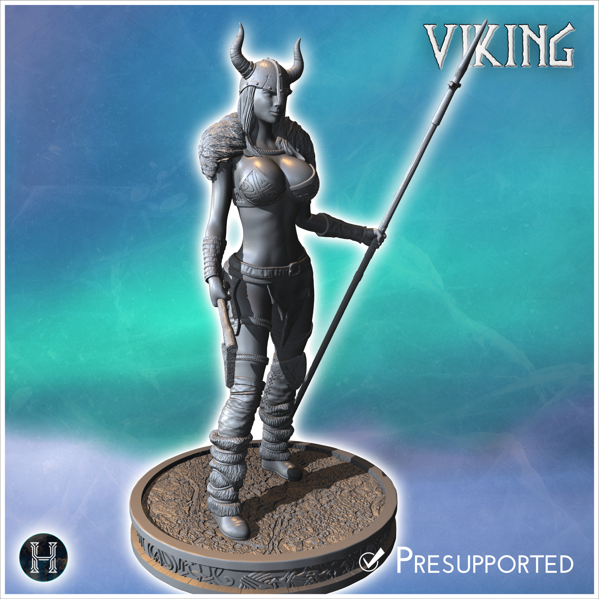 Female Viking warrior standing with a horned helmet, spear, and an axe in her hand (27) - North Northern Norse Nordic Saga 28mm 15mm Medieval Dark Age
